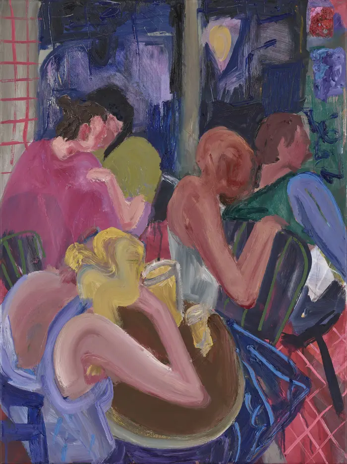 gemalte Szene in einem Café, Menschen an Tischen sitzend