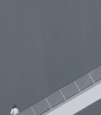 Robert Reinhold, Die Alpen, 2017 Menschen auf einer Treppe vor grauem Hintergrund