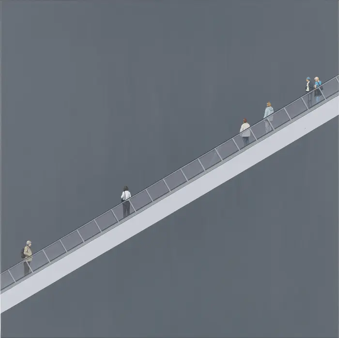 Menschen auf einer Treppe vor grauem Hintergrund