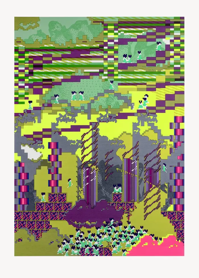 Mandy Knospe, lemming effect II, aus der Werkgruppe "Welcome to the next Universe II", 2023/2024 Lila, grüne und gelbe Punkte wie Pixel
