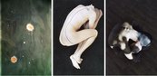 Matthias Hamann, Serie: Body - Ghost Drei Bilder: Blüten auf Wasser, tattowierte Person in Embryonalstellung und sitzende Person mit Kopf zwischen Knien