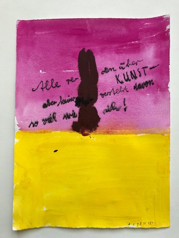 schwarzer Hase vor gelb-pinkem Hindergrund mit der Aufschrift: Alle reden über Kunst, aber keiner versteht davon so viel wie ich