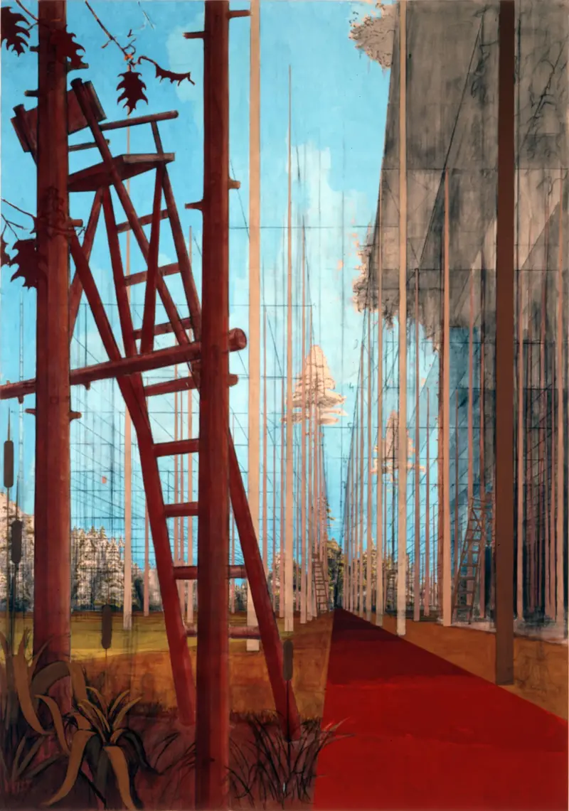 Gemälde mit einem Hochsitz in einem Wald