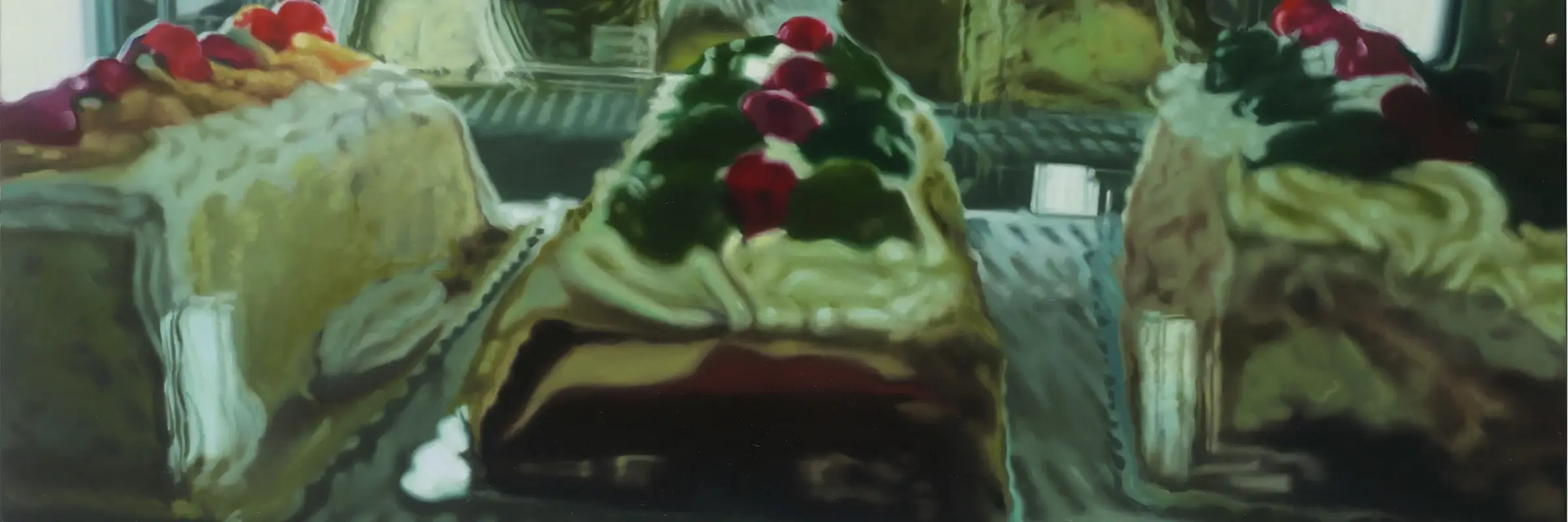 Ölgemälde von Kuchen in einer Vitrine
