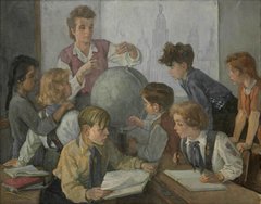Kinder mit Lehrerin an einem Globus